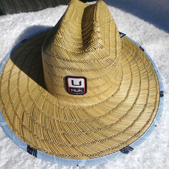 Huk Straw Hat KC Fish and Flag Mens Fishing Sun Hat Tan Blue H7300052-454-1 - Picture 6 of 6